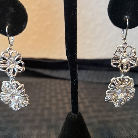 Vintage Givenchy Rhinestone Cut Out Flowers Dangle Earrings - Picture 5 of 12